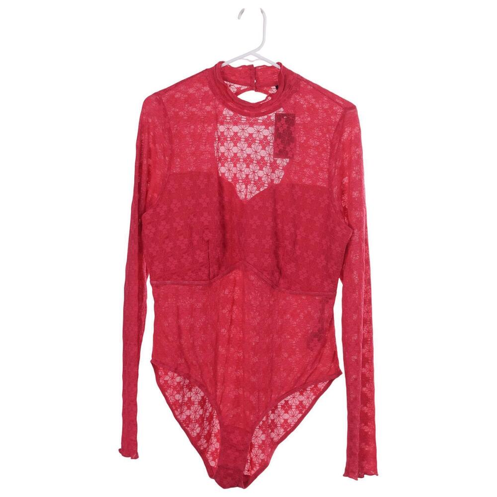 NWT City Chic Constance Bodysuit S/16 Pink Lace Mock Neck Long Sleeve Stretch